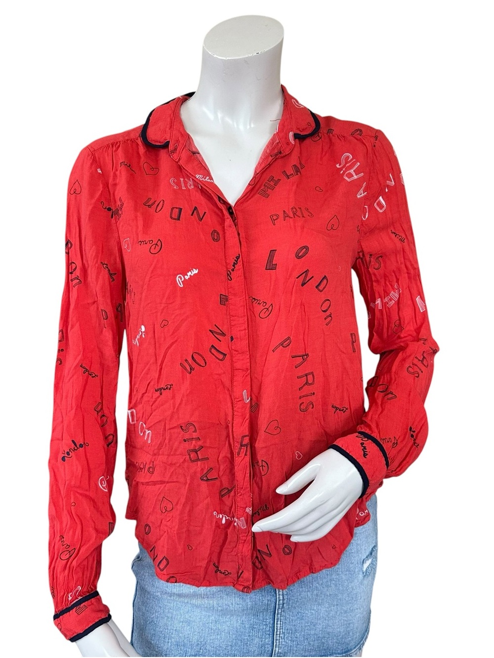 Anthropologie Maeve Red Navy London Paris Milan Novelty Button Down Shirt Size 6